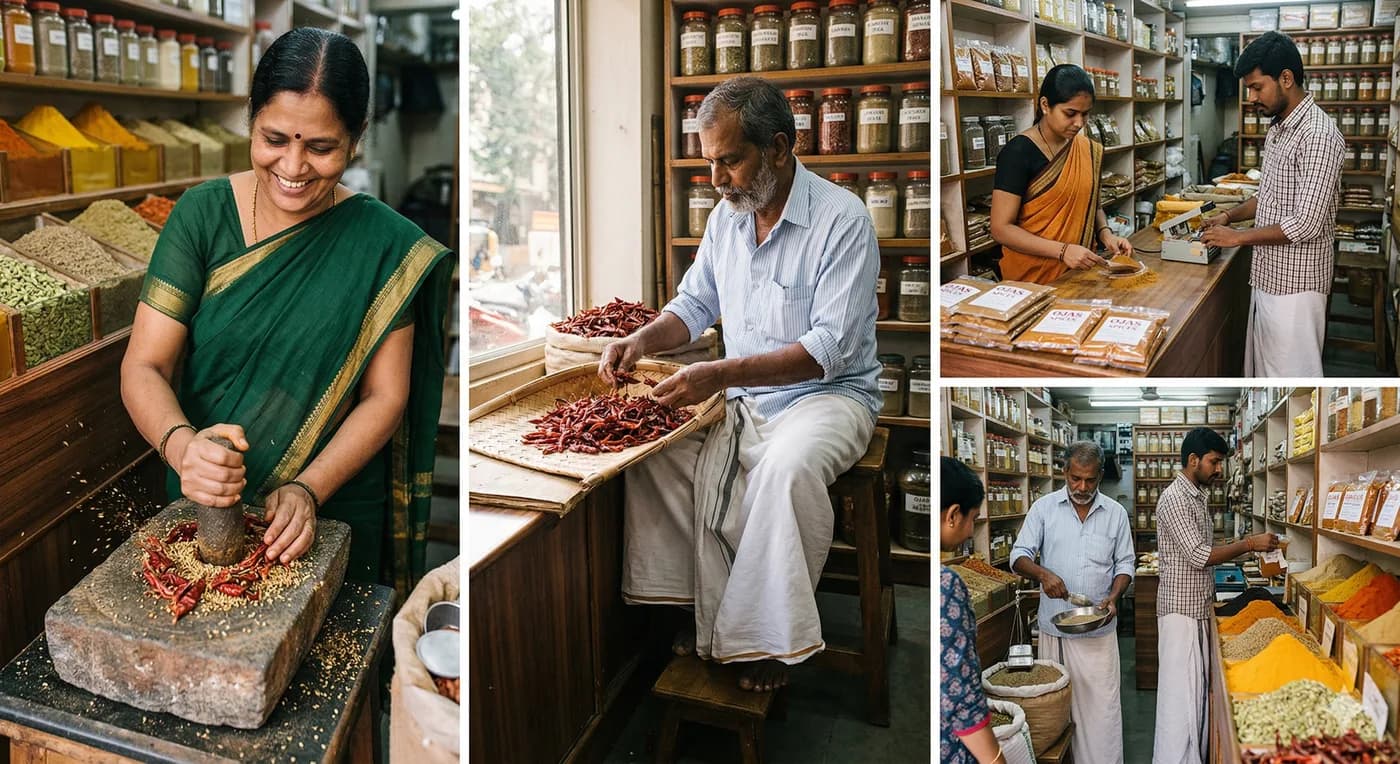 Ojas Spices — traditional grinding and vibrant spice display in the Bengaluru shop