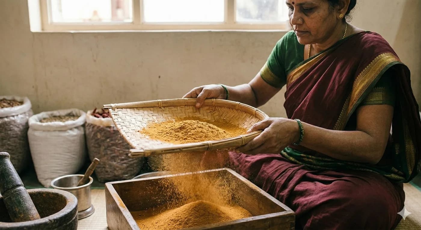 Sorting and preparing whole spices at Ojas Spices