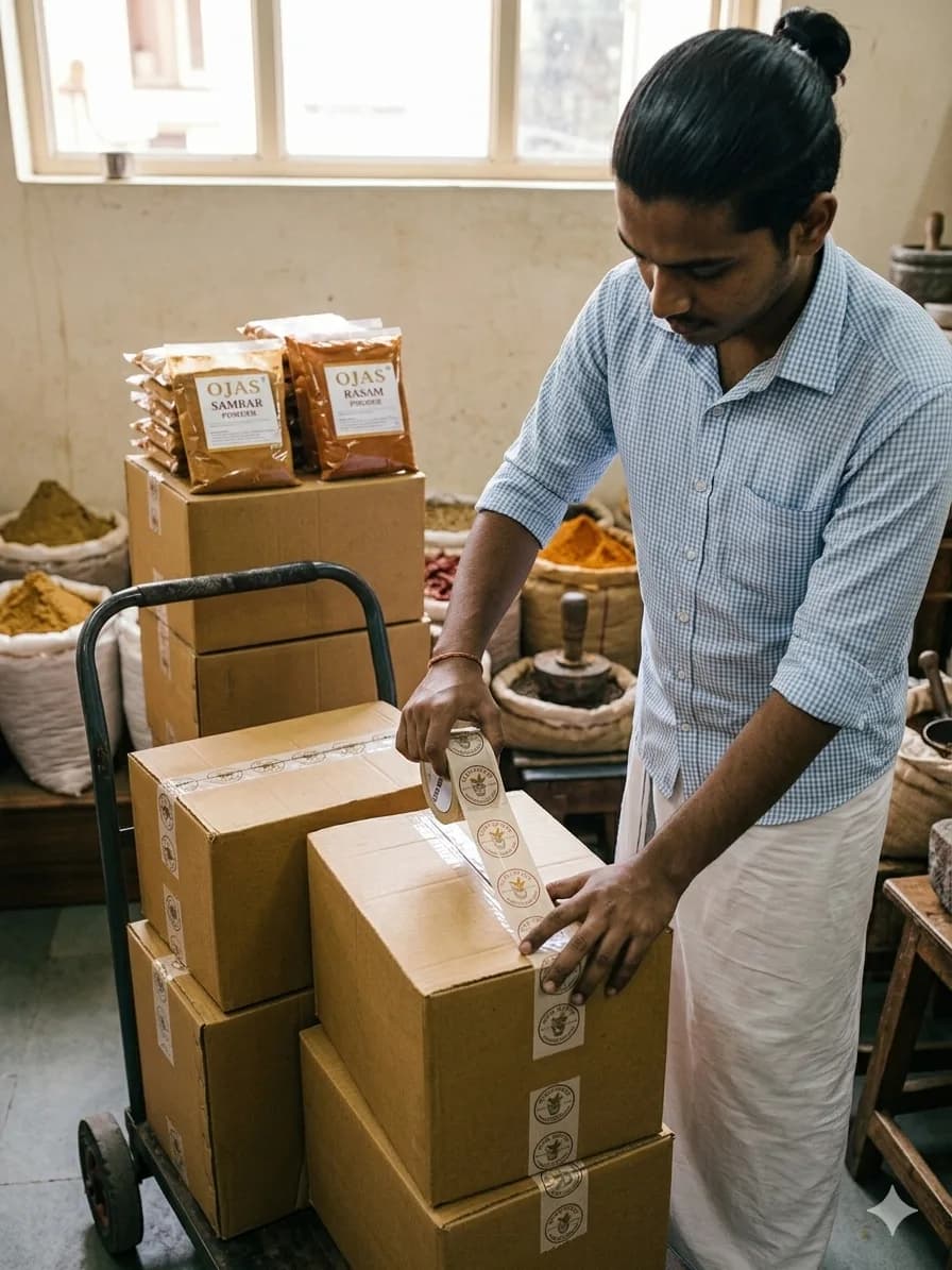 Packing fresh Ojas Spices blends for customers