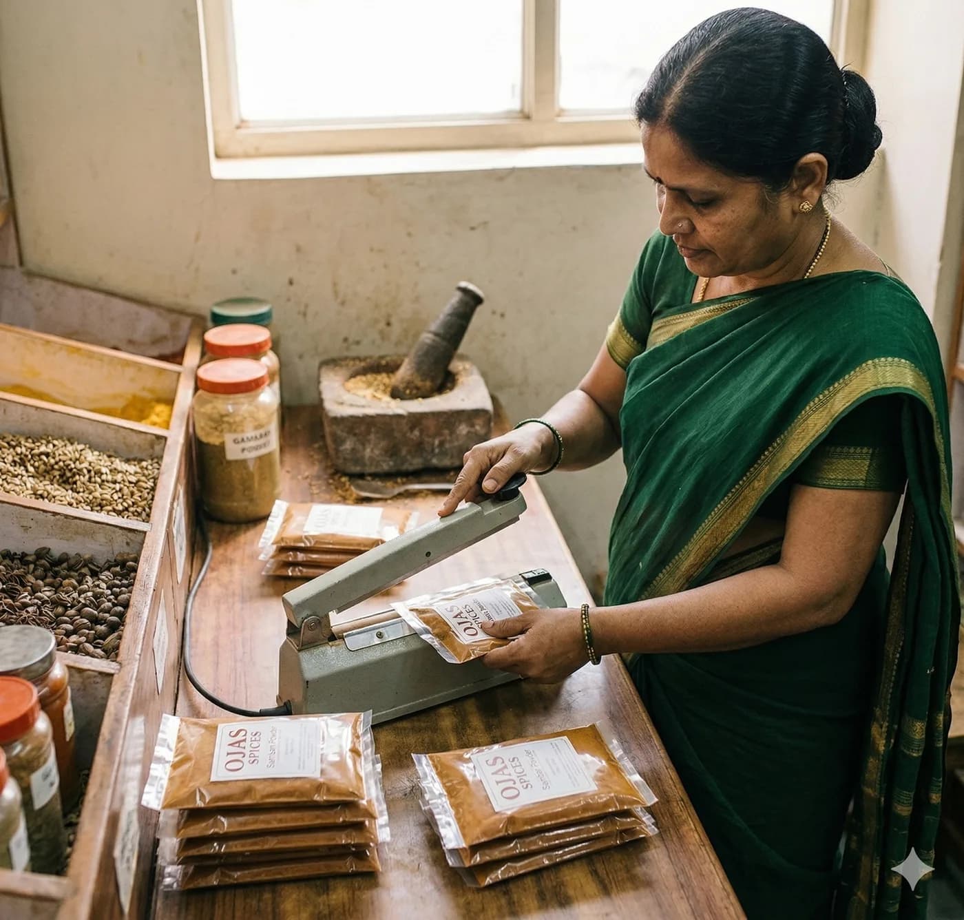 Weighing and serving colourful ground spices at the counter